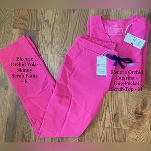 NEW FIGS ELECTRIC ORCHID SKINNY SCRUB PANTS AND ONE POCKET TOP